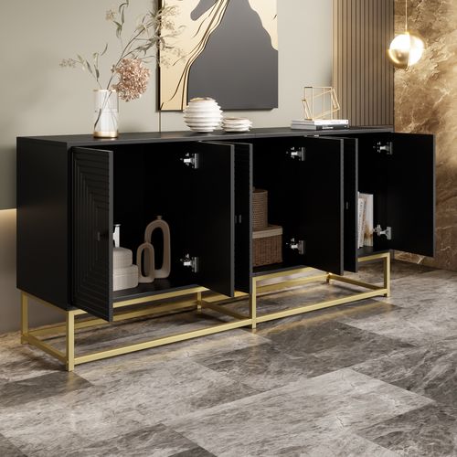 Buffet Moderne Noir Mat Avec 3 Portes Doubles Et Pieds Dorés 160 Cm