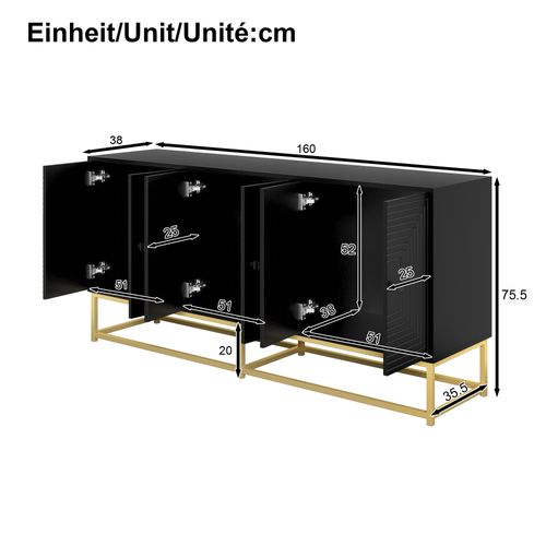 Buffet Moderne Noir Mat Avec 3 Portes Doubles Et Pieds Dorés 160 Cm