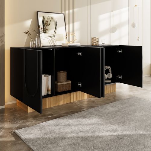 Buffet Moderne 4 Portes Noir Mat Et Bois 160×75×38 Cm