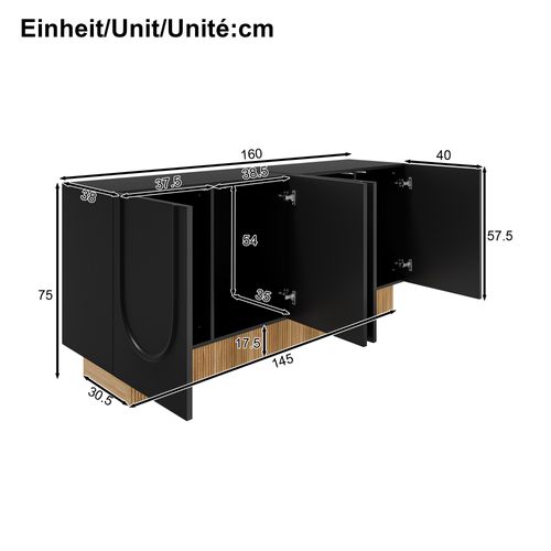 Buffet Moderne 4 Portes Noir Mat Et Bois 160×75×38 Cm
