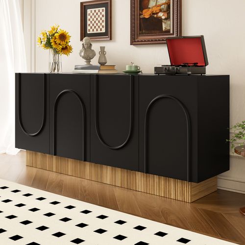 Buffet Moderne 4 Portes Noir Mat Et Bois 160×75×38 Cm