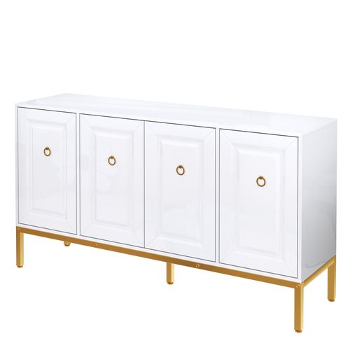 Buffet De Rangement Blanc Brillant Avec Poignées Et Pieds Dorés, Étagères Réglables – 140×80×40 Cm