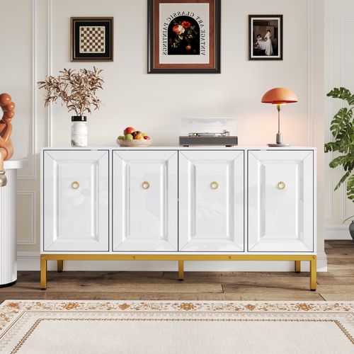 Buffet De Rangement Blanc Brillant Avec Poignées Et Pieds Dorés, Étagères Réglables – 140×80×40 Cm