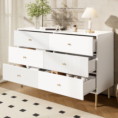 Commode Moderne Blanche 6 Tiroirs Avec Poignées En Alliage De Zinc Et Pieds Acier – 120×40×78 Cm