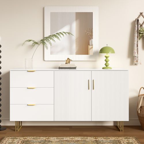 Buffet Blanc Avec Poignées Dorées, 3 Tiroirs Et 2 Portes, Et Ensemble Miroir Mural 80x80 Cm