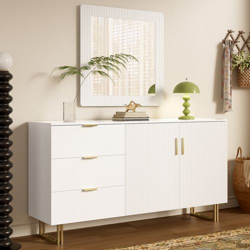Buffet Blanc Avec Poignées Dorées, 3 Tiroirs Et 2 Portes, Et Ensemble Miroir Mural 80x80 Cm