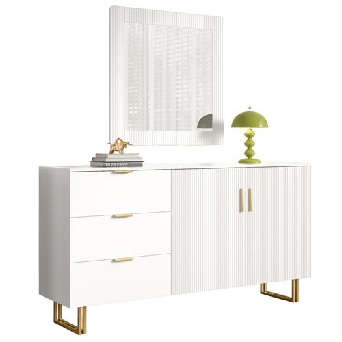 Buffet Blanc Avec Poignées Dorées, 3 Tiroirs Et 2 Portes, Et Ensemble Miroir Mural 80x80 Cm