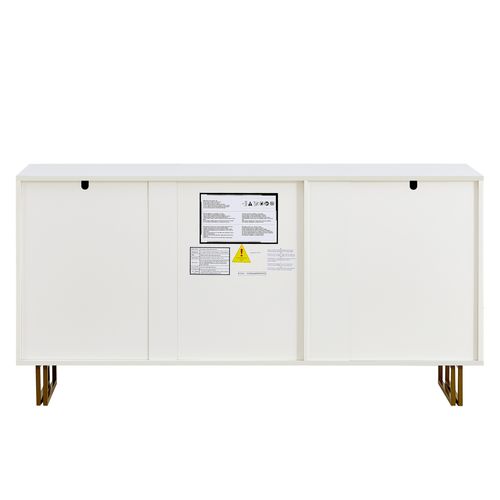Buffet Mdf Blanc 160 Cm Avec 2 Portes, 3 Tiroirs Et Poignées Dorées Pour Salon