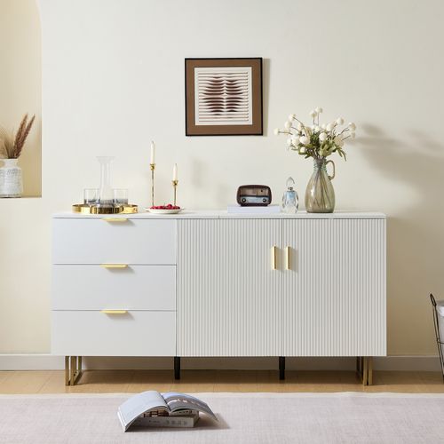 Buffet Mdf Blanc 160 Cm Avec 2 Portes, 3 Tiroirs Et Poignées Dorées Pour Salon