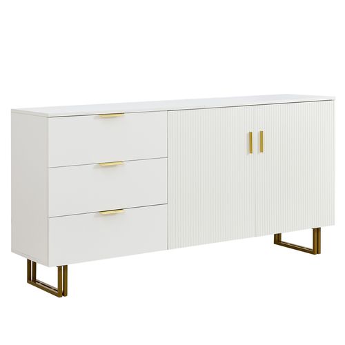 Buffet Mdf Blanc 160 Cm Avec 2 Portes, 3 Tiroirs Et Poignées Dorées Pour Salon