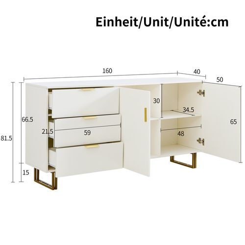 Buffet Mdf Blanc 160 Cm Avec 2 Portes, 3 Tiroirs Et Poignées Dorées Pour Salon
