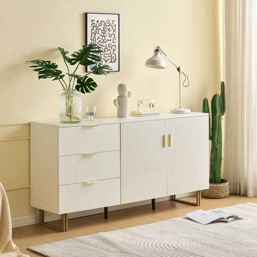 Buffet Mdf Blanc 160 Cm Avec 2 Portes, 3 Tiroirs Et Poignées Dorées Pour Salon