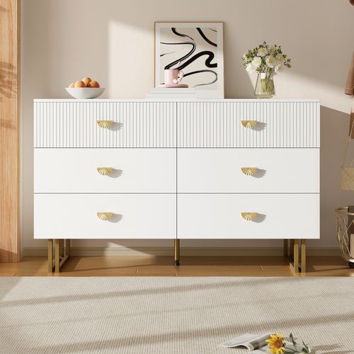 Commode Moderne 6 Tiroirs Blanche Avec Poignées Dorées Et Pieds Acier 120 Cm