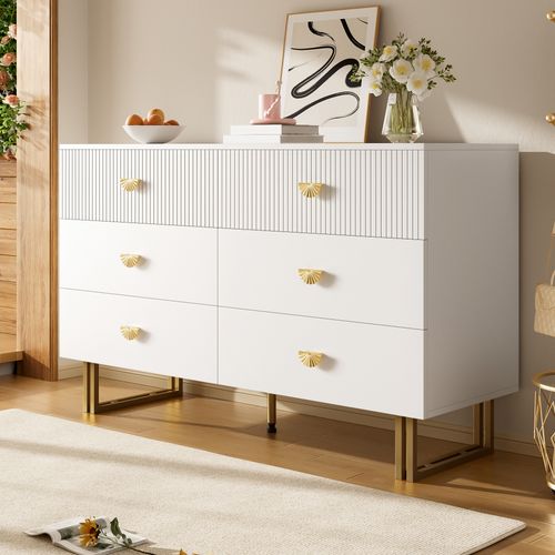 Commode Moderne 6 Tiroirs Blanche Avec Poignées Dorées Et Pieds Acier 120 Cm