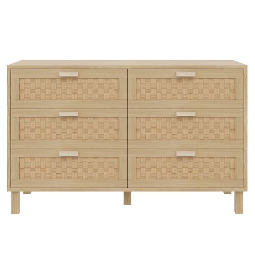 Commode Élégant En Bois Naturel Avec 6 Tiroirs Effet Rotin – Rangement Pratique