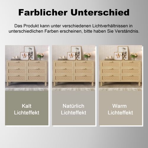 Commode Élégant En Bois Naturel Avec 6 Tiroirs Effet Rotin – Rangement Pratique