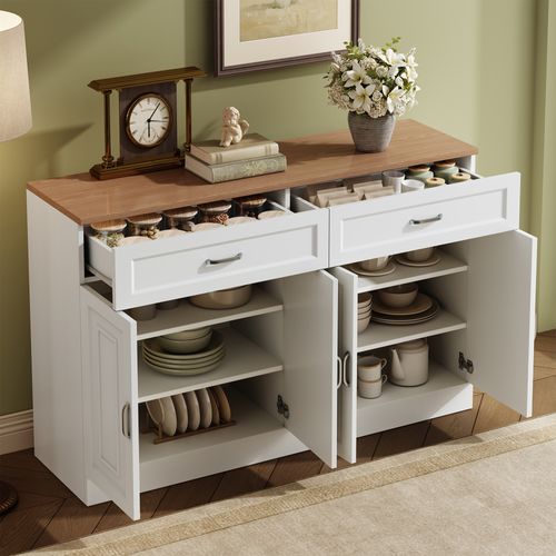 Buffet Moderne 120 Cm Avec Tiroirs Et Portes, Bois Naturel Et Blanc