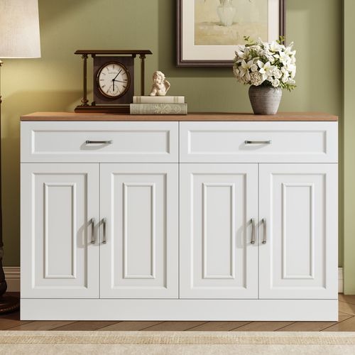 Buffet Moderne 120 Cm Avec Tiroirs Et Portes, Bois Naturel Et Blanc