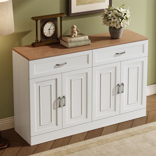 Buffet Moderne 120 Cm Avec Tiroirs Et Portes, Bois Naturel Et Blanc