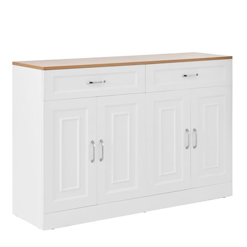 Buffet Moderne 120 Cm Avec Tiroirs Et Portes, Bois Naturel Et Blanc