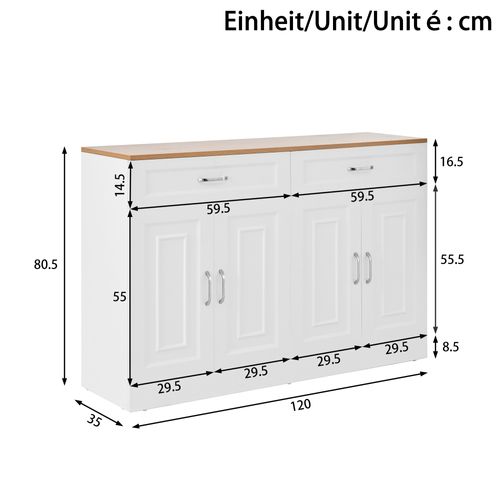 Buffet Moderne 120 Cm Avec Tiroirs Et Portes, Bois Naturel Et Blanc