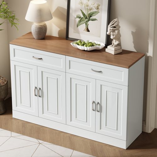 Buffet Moderne 120 Cm Avec Tiroirs Et Portes, Bois Naturel Et Blanc
