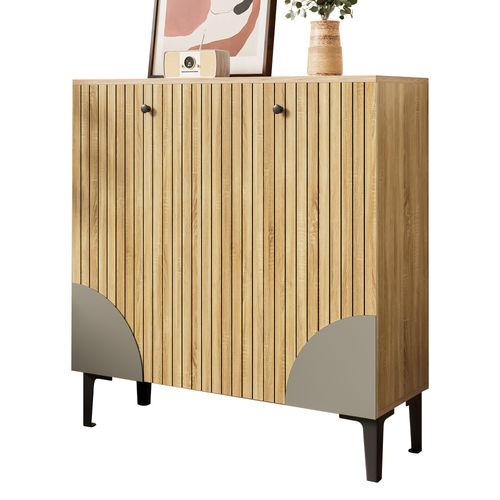 Meuble à Chaussures 3 Portes 90x32x94 Cm En Bois Clair Avec Piètement Noir Et Structure Verticale