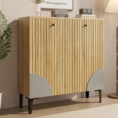 Meuble à Chaussures 3 Portes 90x32x94 Cm En Bois Clair Avec Piètement Noir Et Structure Verticale