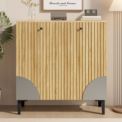 Meuble à Chaussures 3 Portes 90x32x94 Cm En Bois Clair Avec Piètement Noir Et Structure Verticale