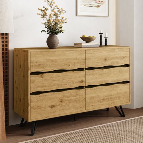 Commode Bois 120 Cm à 6 Tiroirs Ondulés Avec Pieds Métal Noirs, Rangement Moderne