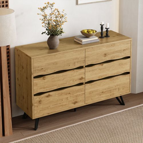 Commode Bois 120 Cm à 6 Tiroirs Ondulés Avec Pieds Métal Noirs, Rangement Moderne