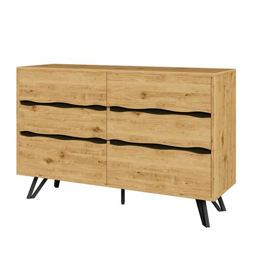 Commode Bois 120 Cm à 6 Tiroirs Ondulés Avec Pieds Métal Noirs, Rangement Moderne