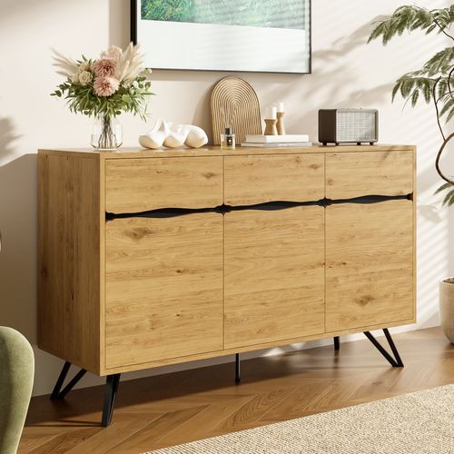 Buffet 140 Cm En Bois Naturel à 3 Portes Avec Pieds Métal, Meuble De Rangement Moderne