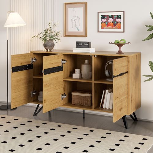 Buffet 140 Cm En Bois Naturel à 3 Portes Avec Pieds Métal, Meuble De Rangement Moderne
