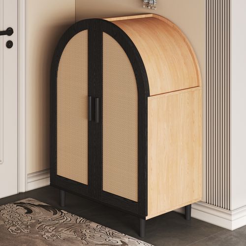 Élégant Meuble à Chaussures Avec Portes En Rotin Et 3 Étagères