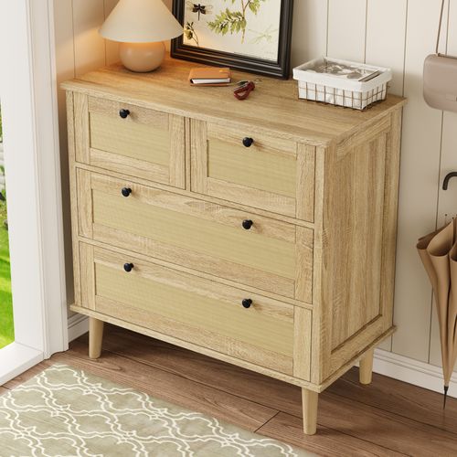 Commode Élégante 4 Tiroirs En Rotin Avec Pieds En Bois Massif