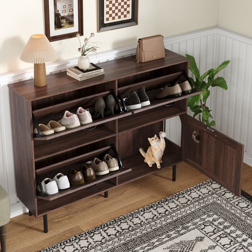 Meuble à Chaussures Étroit Avec 3 Abattants Et Espace Pour Animaux