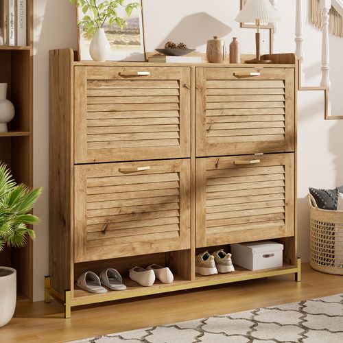 Meuble à Chaussures Moderne Bois à Lattes 4 Portes Avec Étagère 108,5×24×100 cm