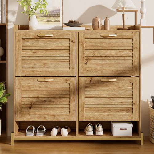 Meuble à Chaussures Moderne Bois à Lattes 4 Portes Avec Étagère 108,5×24×100 cm