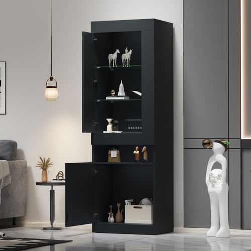 Vitrine LED Noire Moderne Avec Étagères En Verre Et Rangements 50×40×180 cm