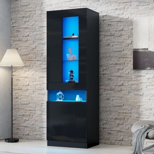 Vitrine LED Noire Moderne Avec Étagères En Verre Et Rangements 50×40×180 cm
