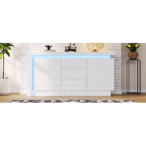 Buffet 140×35×72 cm Blanc Avec 2 Portes, 3 Tiroirs Et LED