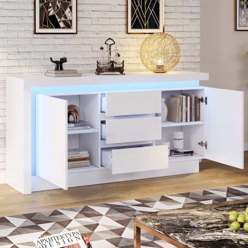 Buffet 140×35×72 cm Blanc Avec 2 Portes, 3 Tiroirs Et LED