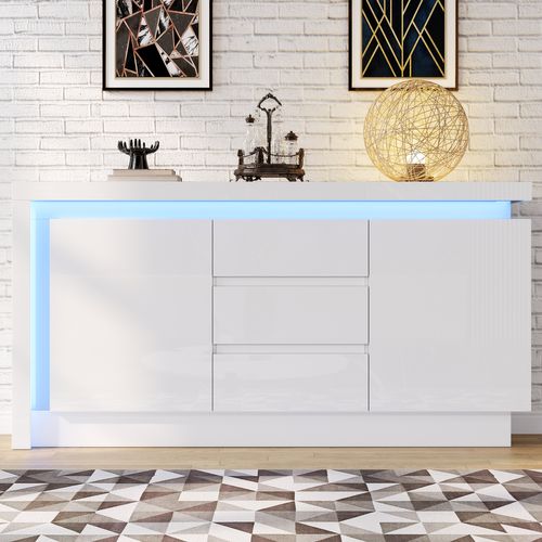 Buffet 140×35×72 cm Blanc Avec 2 Portes, 3 Tiroirs Et LED