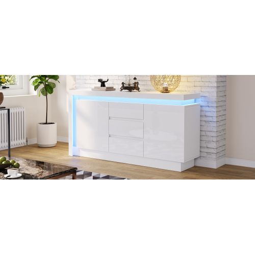 Buffet 140×35×72 cm Blanc Avec 2 Portes, 3 Tiroirs Et LED