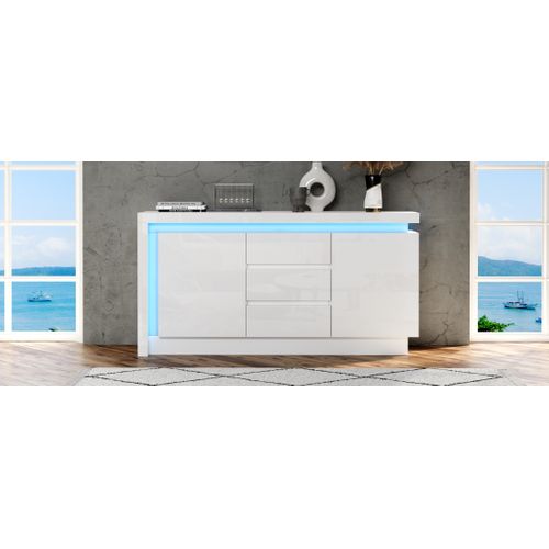 Buffet 140×35×72 cm Blanc Avec 2 Portes, 3 Tiroirs Et LED