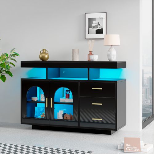 Buffet LED 120 Cm Avec Rangements Et Lumière Rgb Pour Salon Et Cuisine, Blanc