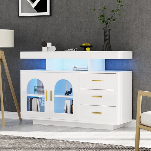 Buffet LED 120 Cm Avec Rangements Et Lumière Rgb Pour Salon Et Cuisine, Noir