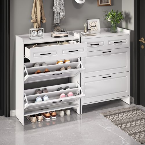 Armoire à Chaussures 80 Cm Blanche Avec 4 Compartiments Et 1 Tiroir, Lot De 2