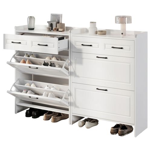 Armoire à Chaussures 80 Cm Blanche Avec 4 Compartiments Et 1 Tiroir, Lot De 2